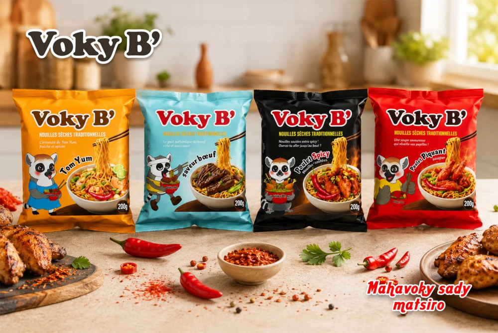 Nouilles Voky B’ 500 g présentées avec un plat cuisiné